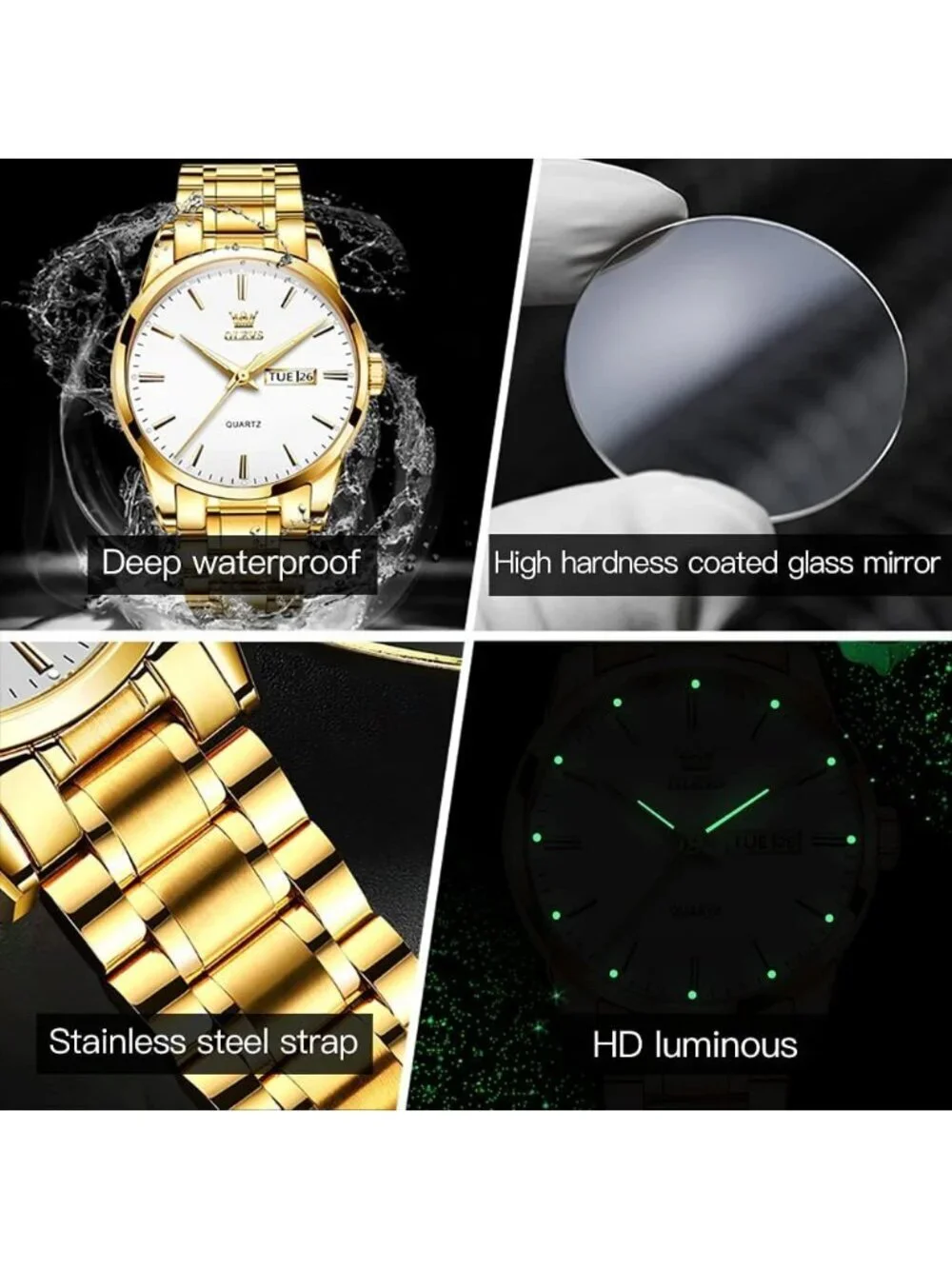 Men's Gold White Stainless Steel Luminous Quartz Waterproof Round Classic Watch